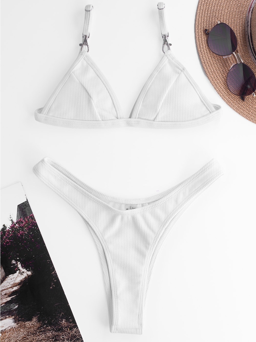 White Ribbed Triangle Bikini Set - Women's Swim